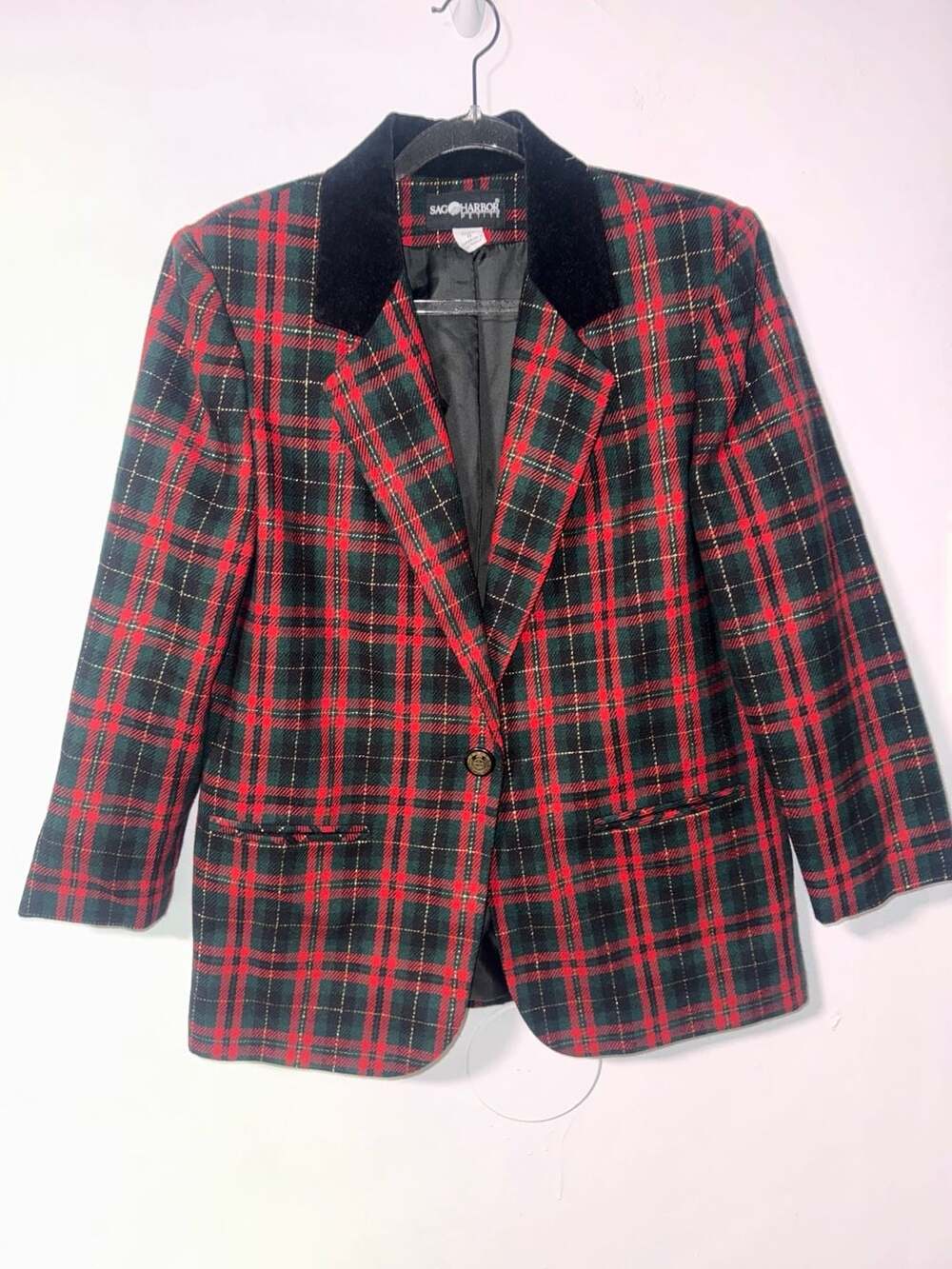 Vintage Sag Harbor Petite Red Green Tartan Plaid Blazer Jacket Velvet Collar Siz